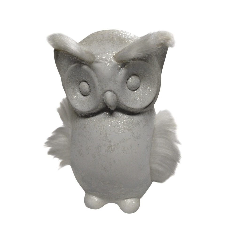 White Winter Owl Figurine with Faux Fur Wings Farmhouse Woodland Decor
